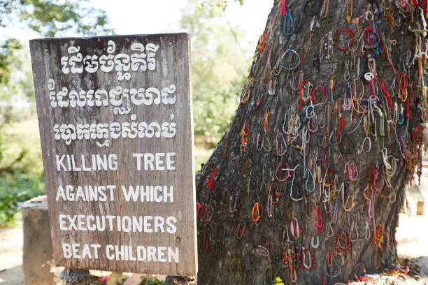 A sign with information in front of the Khmer Rouge killing tree with white script