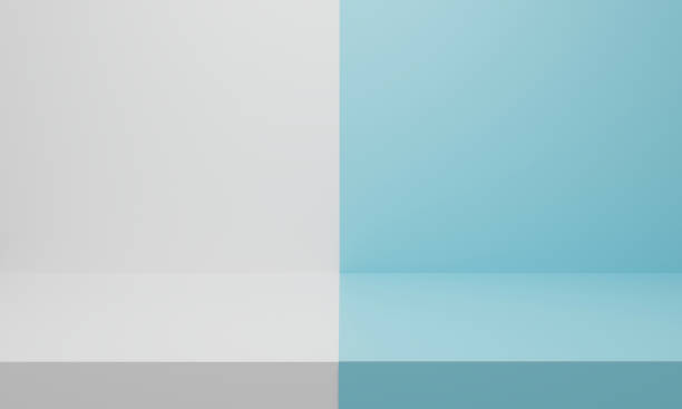 White table abstract background for display product on website. 3d rendering of blue geometric shapes. 3d exhibition stand. Realistic empty pastel podium or shop shelf. Blank minimal design.
