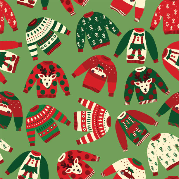 ilustrações de stock, clip art, desenhos animados e ícones de ugly christmas sweaters seamless vector pattern - ugliness