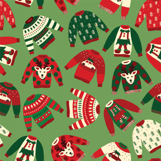 Ugly Christmas sweaters seamless vector pattern Ugly Christmas sweaters seamless vector pattern. Knitted winter jumpers with norwegian ornaments and decorations. Holiday background green, red, white for fabric, gift wrap, greeting cards, posters christmas sweater stock illustrations