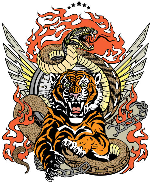 tiger and snake. Road design roaring tiger in the jump and snake like road. Design template include broken chain, tongues of flame and wings. Biker Tattoo. Vector illustration motorcycle tattoo designs stock illustrations