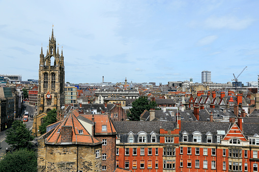 Beautiful view of central Newcastle from Gateshead including clock tower