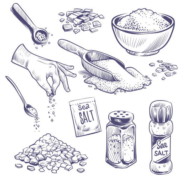 바다 소금을 스케치합니다. 손으로 그린 향신료, 조미료 포장. 소금 가루, 소금 결정 빈티지 각인 벡터 세트와 유리 병 - salt shaker salt pepper shaker pepper stock illustrations