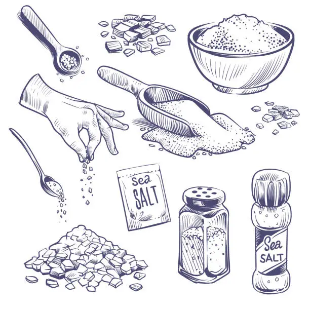 Vector illustration of Sketch sea salt. Hand drawn spice, seasoning packaging. Glass bottles with salt powder, salting crystals vintage engraved vector set