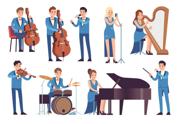 Classic musicians. Singers performing, symphony concert with orchestra instruments cello, piano and clarinet vector characters Classic musicians. Singers performing, symphony concert with orchestra instruments cello, piano and clarinet vector jazz and classical characters troubadour stock illustrations