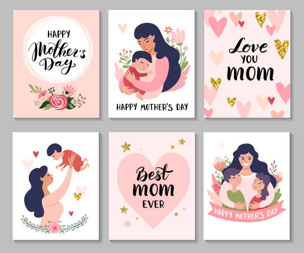 Happy Mothers Day greeting cards. Happy Mothers Day greeting cards. Set of Calligraphy backgrounds and cartoon Mom with daughter & son. Vector illustration. son stock illustrations