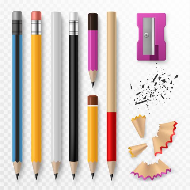 Pencil mockup. Realistic colored wooden graphite pencils with shavings and sharpener, school office stationery, creative design vector set Pencil mockup. Realistic colored wooden graphite pencils with shavings and sharpener, school office stationery, creative design vector bright set eraser stock illustrations