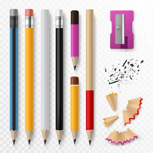 Vector illustration of Pencil mockup. Realistic colored wooden graphite pencils with shavings and sharpener, school office stationery, creative design vector set