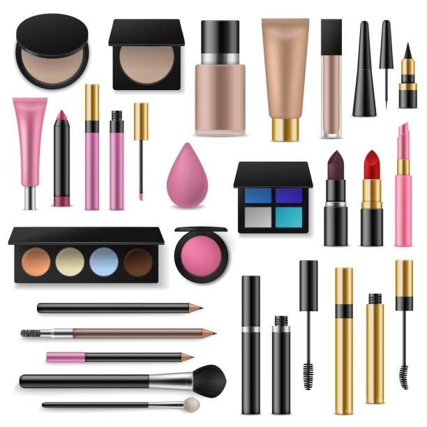 Makeup cosmetics tools. Professional accessory for decorative cosmetics. Different realistic brushes makeup artist, lipsticks vector set Makeup cosmetics tools. Professional accessory for decorative cosmetics. Different realistic brushes makeup artist, fashion lipsticks vector set eyeliner brush stock illustrations