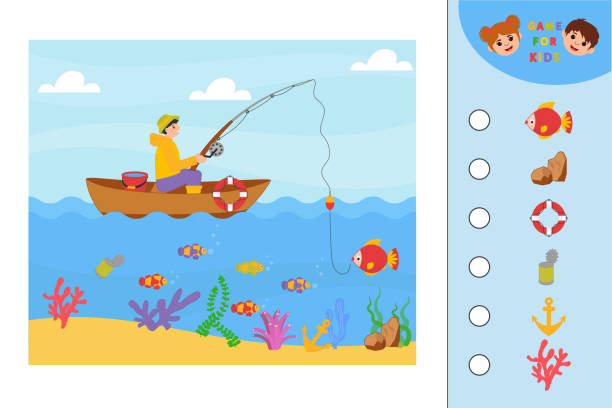 illustrazioni stock, clip art, cartoni animati e icone di tendenza di gioco educativo per bambini. trovare gli elementi corrispondenti nell'immagine. pesca. - nautical vessel fishing child image