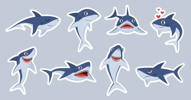 바다 상어 마스코트입니다. 행복 한 상어, 무서운 턱과 수중 수영 귀여운 캐릭터, 스티커, 패치 벡터 세트에 대한 감정 물고기 - animal large cartoon fish stock illustrations