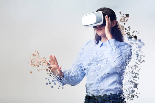 istock Collage with woman in VR headset falling apart into pixels on light background, empty space 1217331028