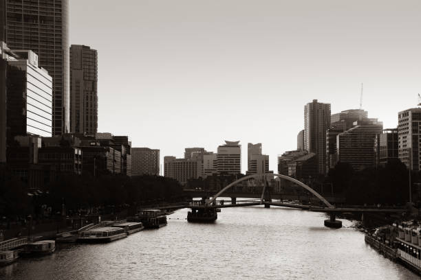 Melbourne commercial skyline on both sides of Yarra River at sunset.