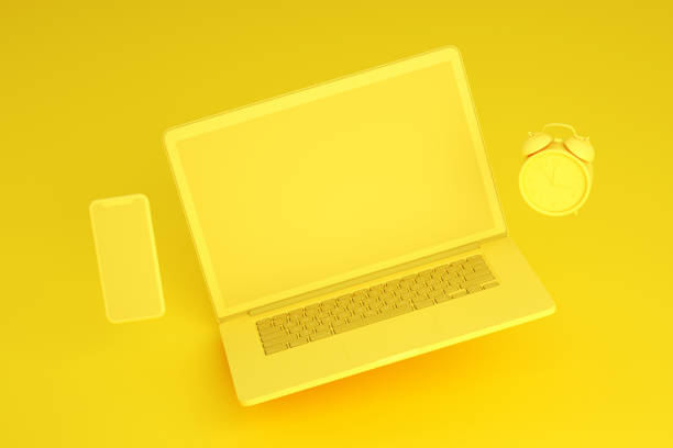 Flying Empty Screen Laptop and Smart Phone on Yellow Background, Zero Gravity