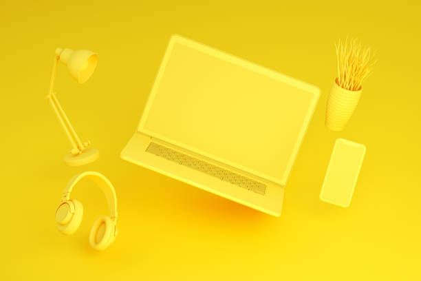 летающий пустой экран ноутбук и смартфон на желтом фоне, нулевой гравитации - портативность иллюстрации стоковые фото и изображения