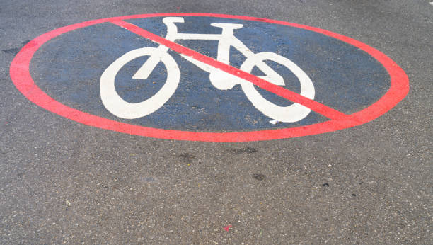 istock No cycling zone symbol on pavement 1217334295