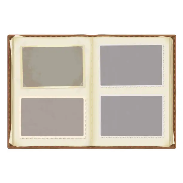 Vector illustration of an old open photo album in a leather cover. photo templates with patterned edges in the grunge style. the corners are fixed with tape. isolated on a white background