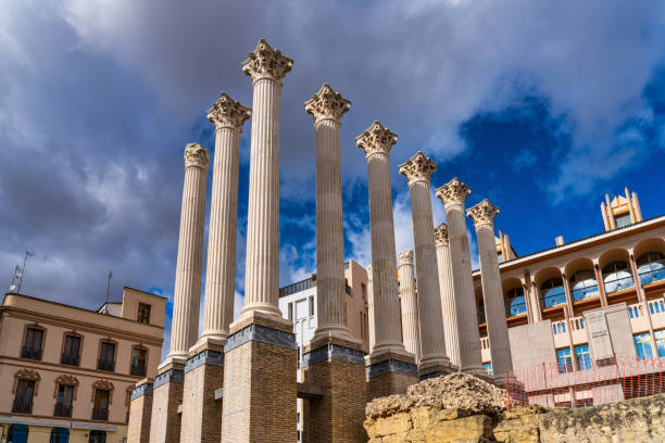 Cordoba, Spain - November 03, 2019: Remaining columns of the Roman temple, templo romano of Cordoba, Andalusia, Spain