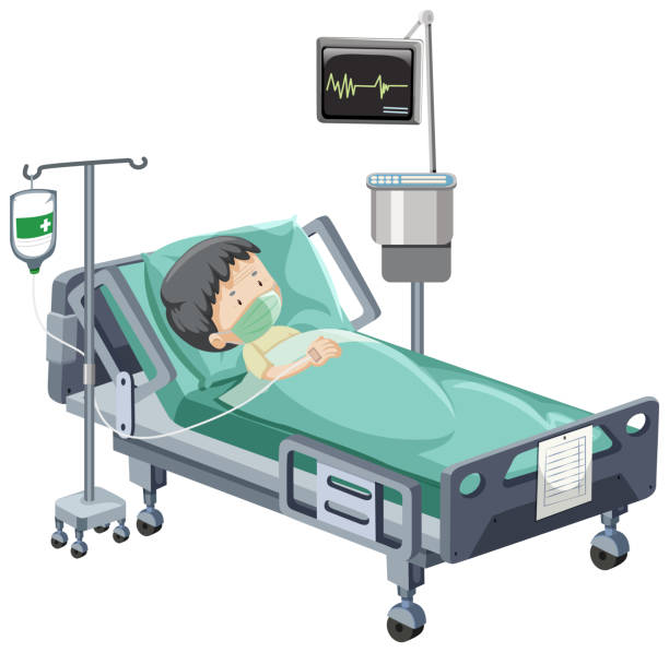 ilustrações de stock, clip art, desenhos animados e ícones de hospital scene with sick patient in bed on white background - boyhood