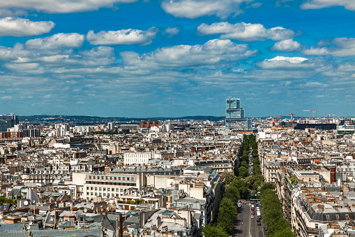Aerial view at streets of Paris, France. Paris is the capital and most populous city of France.