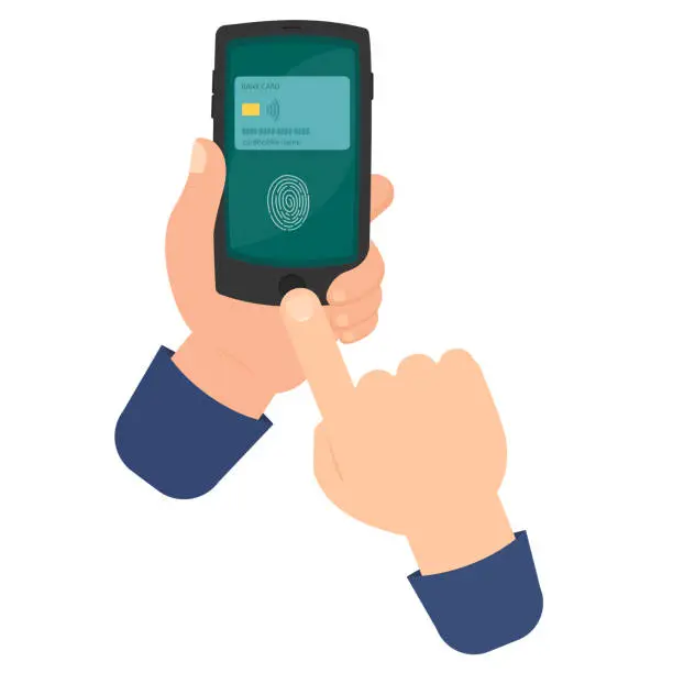 Vector illustration of electronic wallet on the phone, fingerprint confirmation of purchase