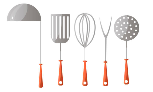 ilustraciones, imágenes clip art, dibujos animados e iconos de stock de conjunto de diferentes herramientas de cocina, utensilios de cocina y electrodomésticos de cocina. ilustración vectorial en un estilo de dibujos animados plano. - utensilio para servir