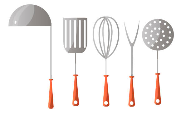 Set of different kitchen tools, kitchenware, and kitchen appliances. Vector illustration in a flat cartoon style. Collection set of different kitchen tools, kitchenware, and kitchen appliances. Ladle, turning spatula, balloon whisk, slotted spoon, casing fork. Isolated set on a white background in cartoon style. serving utensil stock illustrations