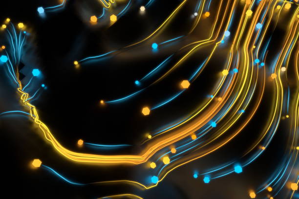 istock Neon glowing twisted cosmic lines on the glossy surface. Turbulence curls flow colorful motion. Fluid and smooth astronomy vortex swirl structure. 3d rendering Abstract creative modern background 1217340682