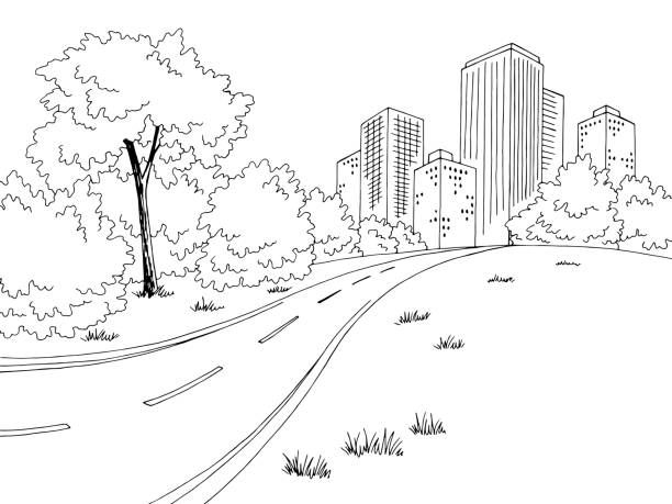 Road city graphic black white landscape sketch illustration vector Road city graphic black white landscape sketch illustration vector empty road with trees stock illustrations