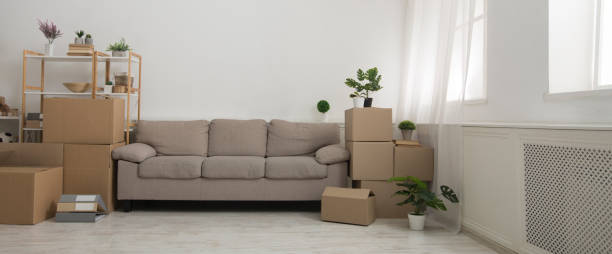 istock Room interior before repair, sofa, clothes in boxes 1217345939