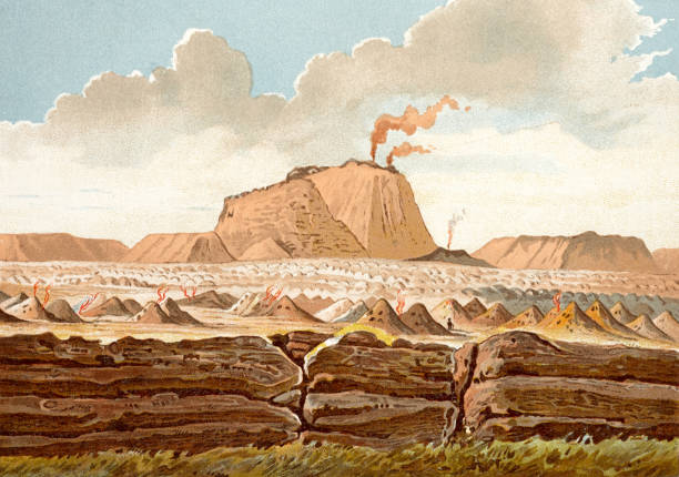 Illustration from 19th century. El Jorullo is an ash cone volcano in Michoacán, central Mexico, on the southwestern slope of the central plateau, 33 miles southeast of Uruapan in an area known as the Michoacán Guanajuato Volcanic Field.