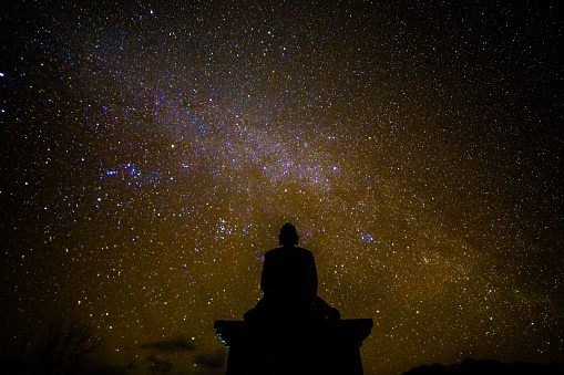 Buddhist temple with Milky Way stars in night sky. Mindfulness meditation with stars