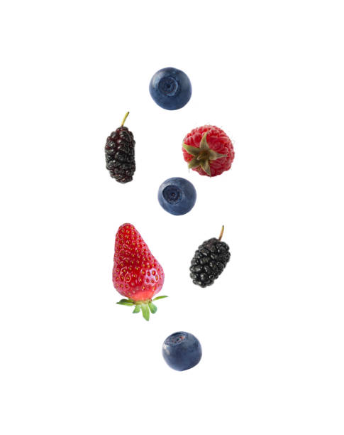 istock Isolated fresh berries float in the air. Falling mulberry, blueberry, raspberry and strawberry fruits isolated on white background with clipping path. Mixed berries with a copy space for text. 1217348556