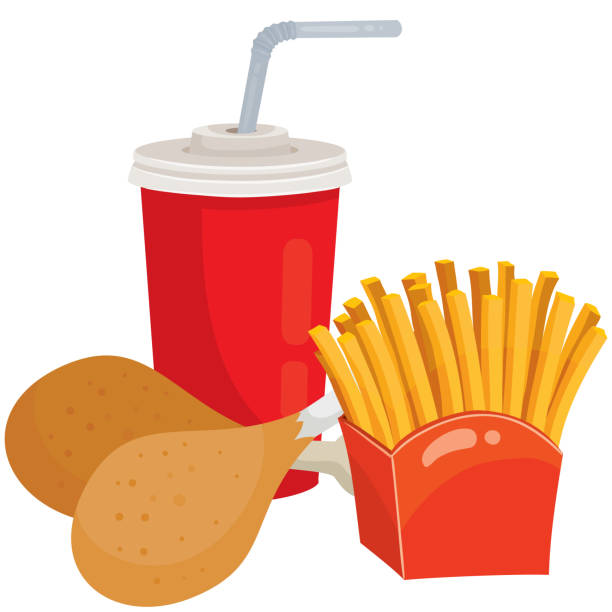 Satz pommes Frites in einem roten Beutel, zwei gebratene Beine und ein kaltes Getränk in einem Glas mit einem Strohhalm, isoliertes Objekt auf weißem Hintergrund, Vektor-Illustration – Vektorgrafik