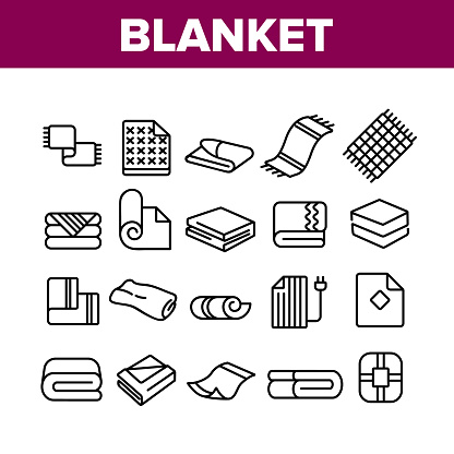 Blanket And Towel Collection Icons Set Vector. Electronic Blanket With Heating, Fabric Bathroom Accessory, Twisted Plaid Concept Linear Pictograms. Monochrome Contour Illustrations
