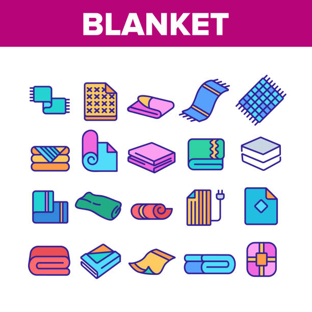 Blanket And Towel Collection Icons Set Vector Blanket And Towel Collection Icons Set Vector. Electronic Blanket With Heating, Fabric Bathroom Accessory, Twisted Plaid Concept Linear Pictograms. Color Illustrations sheet bedding stock illustrations