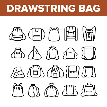 Drawstring Bag Travel Accessory Icons Set Vector. Textile Drawstring Bag, Touristic Backpack With Strings, Fabric Sport Sack Concept Linear Pictograms. Monochrome Contour Illustrations