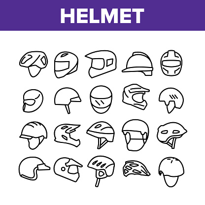 Helmet Rider Accessory Collection Icons Set Vector. Helmet Head Protection For Biker, Motorcyclist And Cyclist In Different Design Concept Linear Pictograms. Monochrome Contour Illustrations