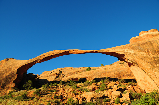 Delicate Arch in Arches National Park is the most famous arch in the world. To reach it one need to walk a long strenuous hike under the hot sun. Located in Arches National Park and seen at daytime in the summer.