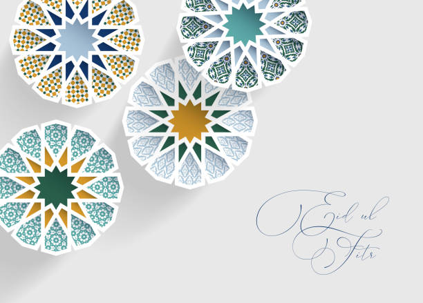 ilustrações de stock, clip art, desenhos animados e ícones de ornamental arabic tiles, patterns through white cut out stars, long shadows. greeting card, invitation for muslim holiday ramadan kareem, eid ul adha. modern vector illustration bacground, web banner. - eid il fitr