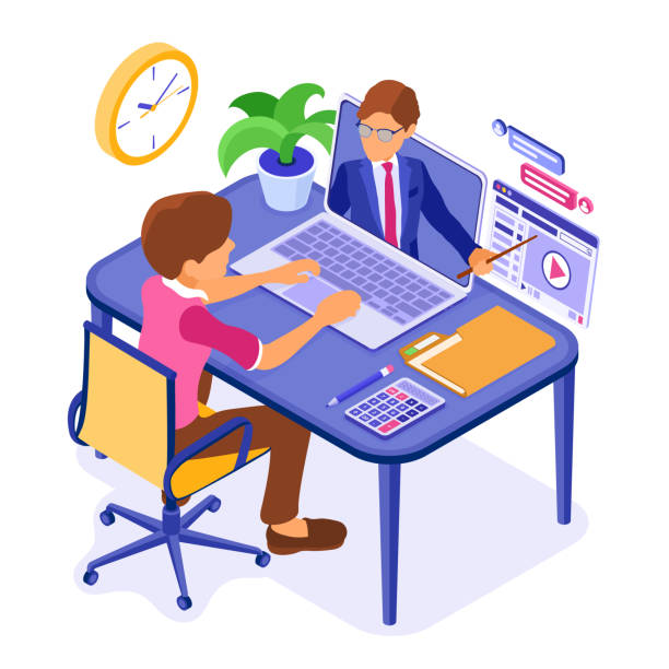 ilustrações de stock, clip art, desenhos animados e ícones de online distance education from home - office men teacher computer