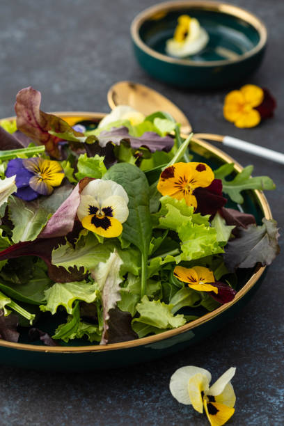istock Spring salad with arugula, herbs and flowers. 1217356347