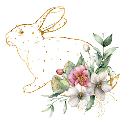 Watercolor card with golden bunny, flowers and eggs. Hand painted line art rabbit, anemones, buds and leaves isolated on white background. Spring illustration for design, print, fabric or background