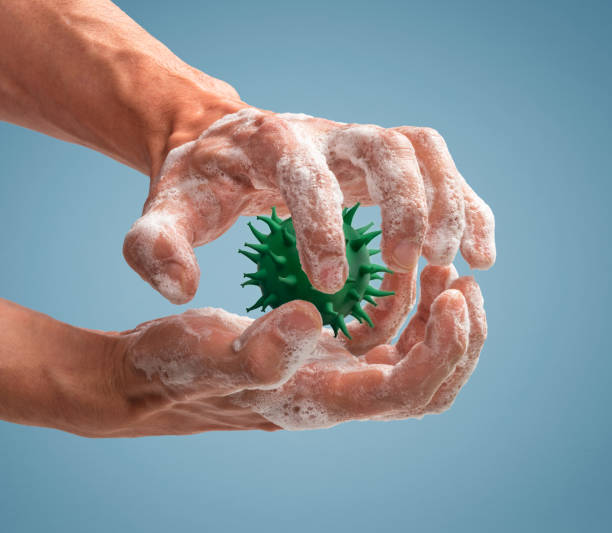 Washing hands with soap kills viruses stock photo