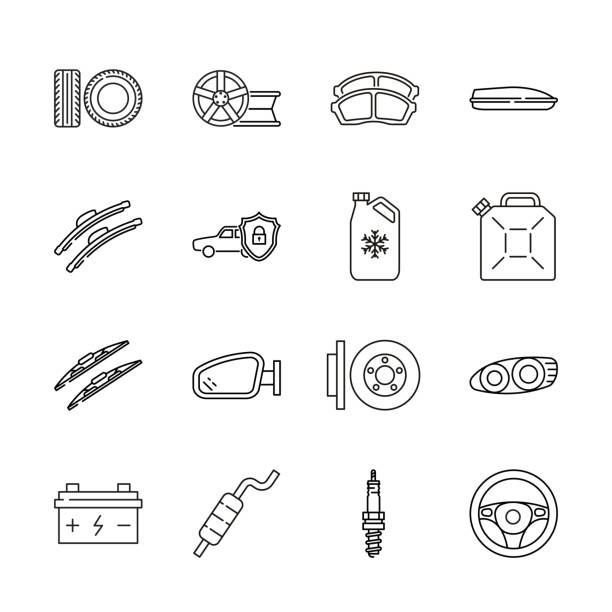 Auto parts for car service flat line icon set. Vector illustrations to indicate product categories in the online auto parts store. Car repair. Brake pad, wheel, tire, wiper blade, spark plug, brake rotor Auto parts for car service line icon set. Vector illustrations to indicate product categories in the online auto parts store. Car repair. Brake pad, wheel, tire, wiper blade, spark plug, brake rotor, anti-theft system. categories vector stock illustrations