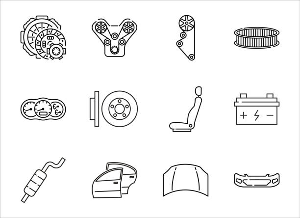 Auto parts for car service flat line icon set. Vector illustrations to indicate product categories in the online auto parts store. Car repair. Clutch, engine, timing belt, brake disk, exhaust Auto parts for car service line icon set. Vector illustrations to indicate product categories in the online auto parts store. Car repair. Clutch, engine, timing belt, brake disk, exhaust bumper stock illustrations