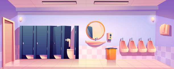 Public toilet for men, empty wc restroom interior Public toilet for men, empty wc restroom interior with closed and open cubicles, urinals, washbasin with mirror and liquid soap, litter bin on tiled floor and hand dryer, Cartoon vector illustration roll a door stock illustrations