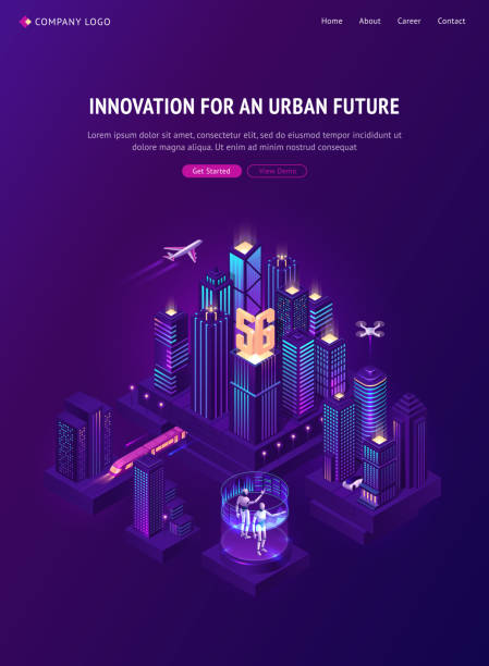 illustrations, cliparts, dessins animés et icônes de page d’atterrissage isométrique de l’innovation pour l’avenir urbain - drone futuristic