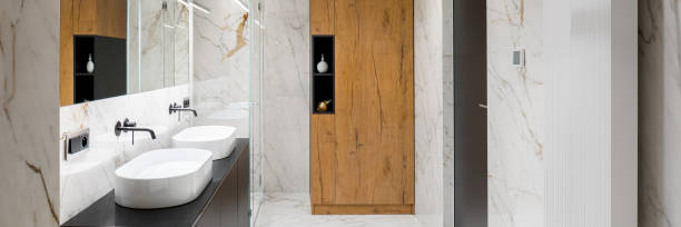 istock Luxury bathroom in marble, panorama 1217360543