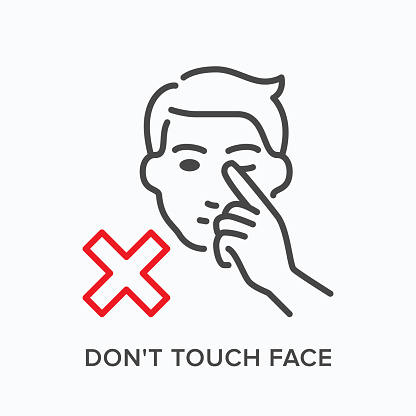 Touching face line icon. Vector outline illustration tacking hands away from head. Warning hygiene in pandemic pictorgam for illness prevention.